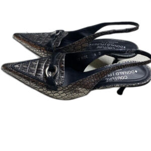 Donald J Pliner Couture Slingback Heels Sz. 6 Pointed Toe Embossed Black Silver